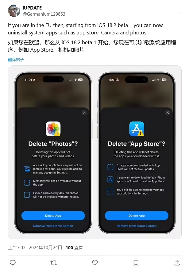 白茅湖农场苹果手机维修分享iOS 18.2 支持删除 App Store 应用商店 